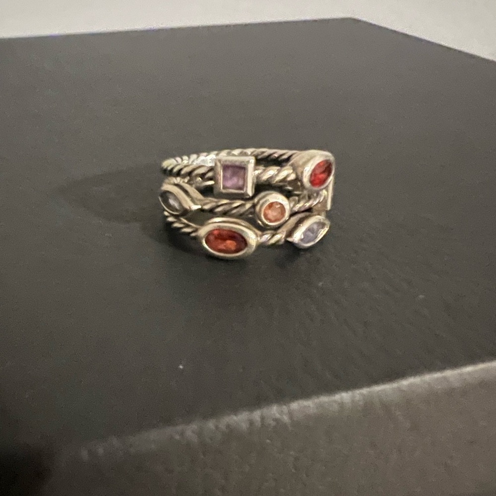 David Yurman Silver Ring with Red, Purple, and Blue Stones